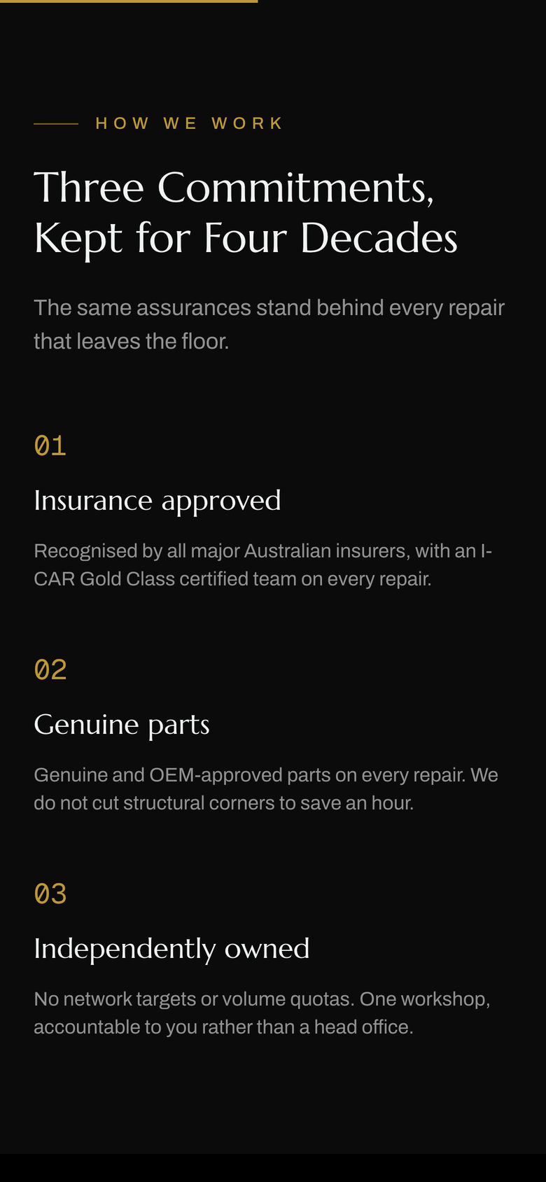 Bartels Autocare: Commitments on the Our Story page, mobile