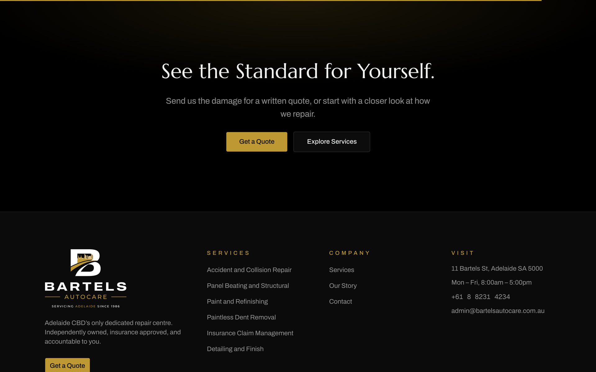 Bartels Autocare: closing call on the Our Story page, desktop