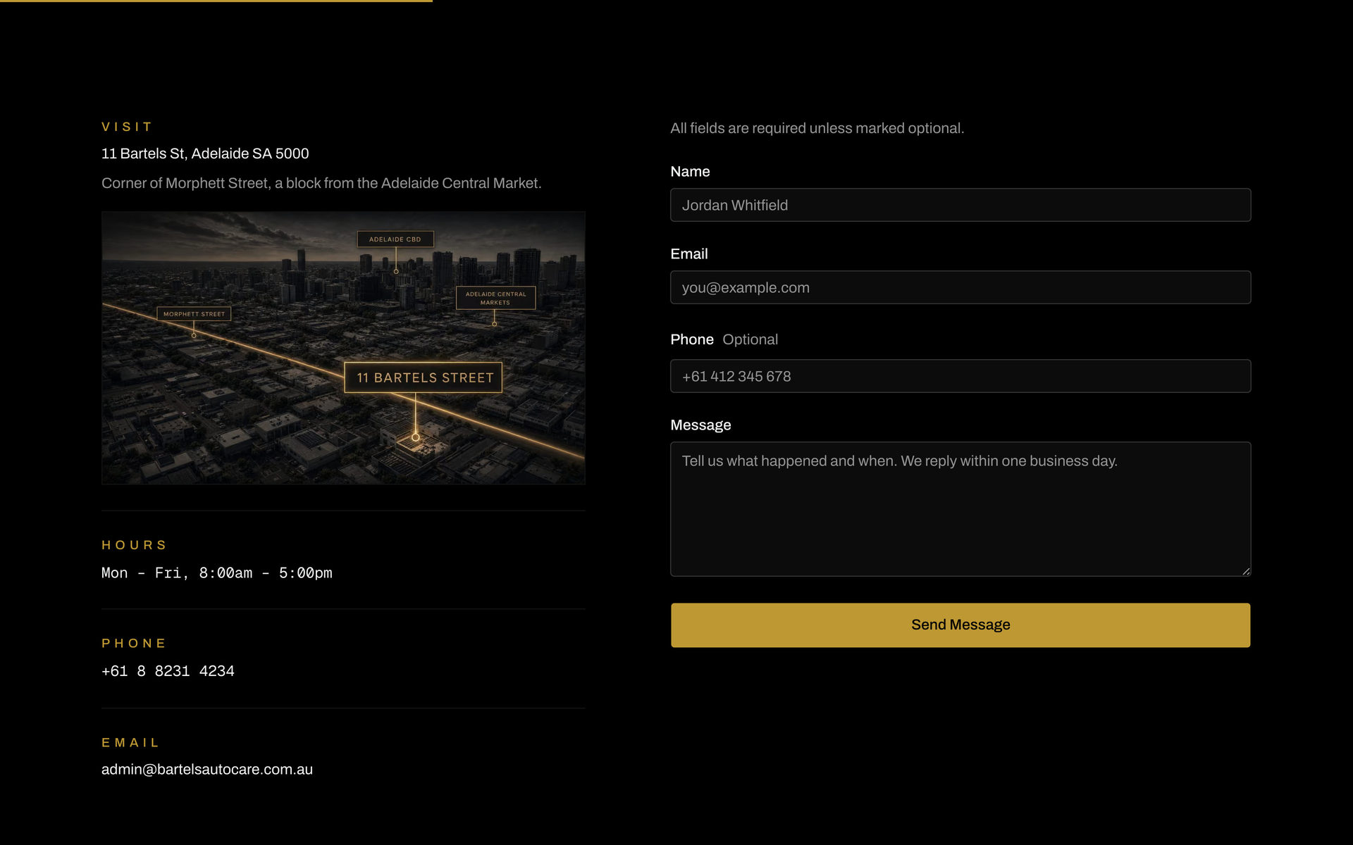 Bartels Autocare: Contact Block on the Contact page, desktop
