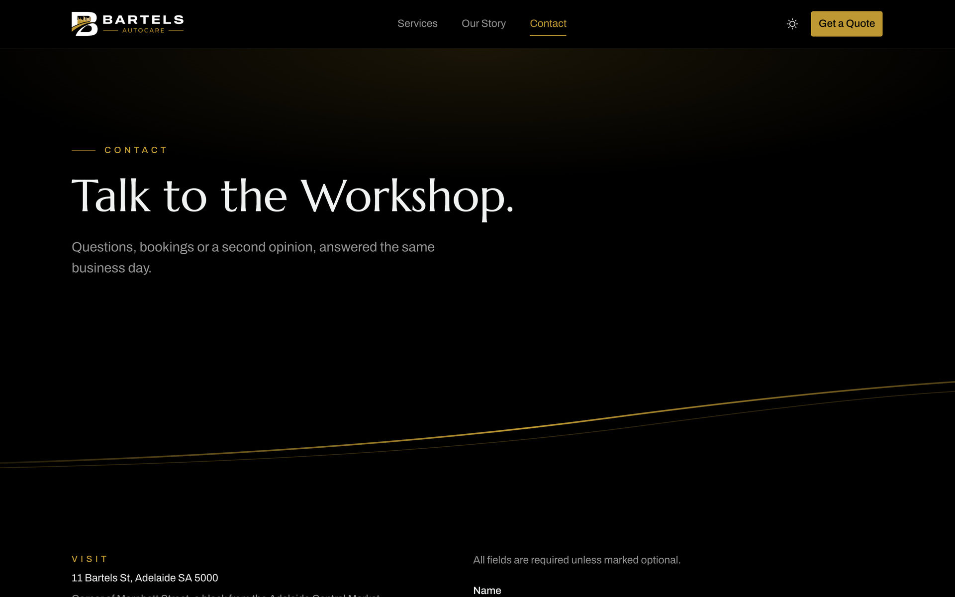 Bartels Autocare: Page Header on the Contact page, desktop