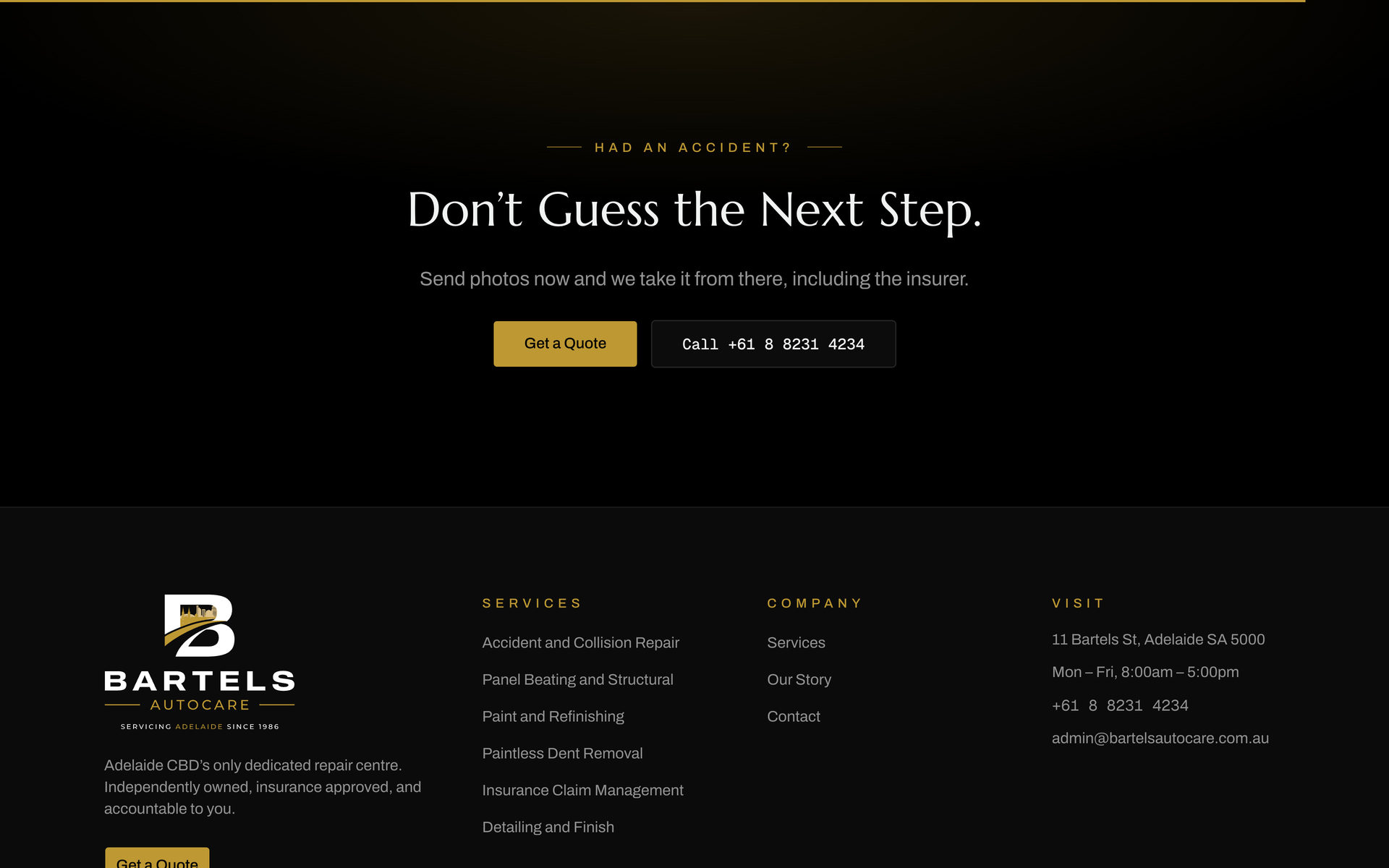 Bartels Autocare: Closing Call on the Home page, desktop