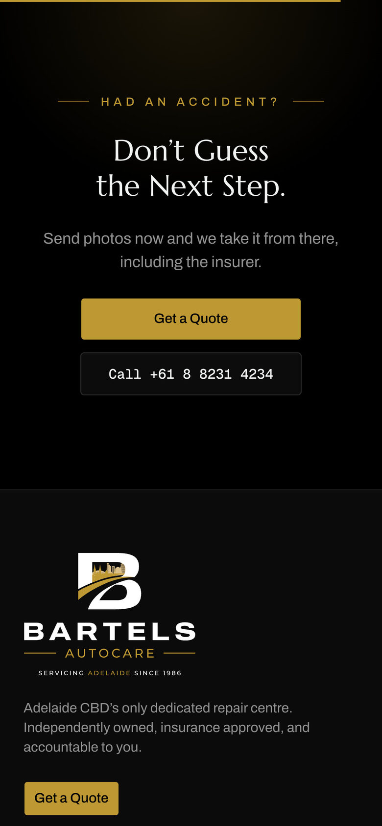 Bartels Autocare: Closing Call on the Home page, mobile