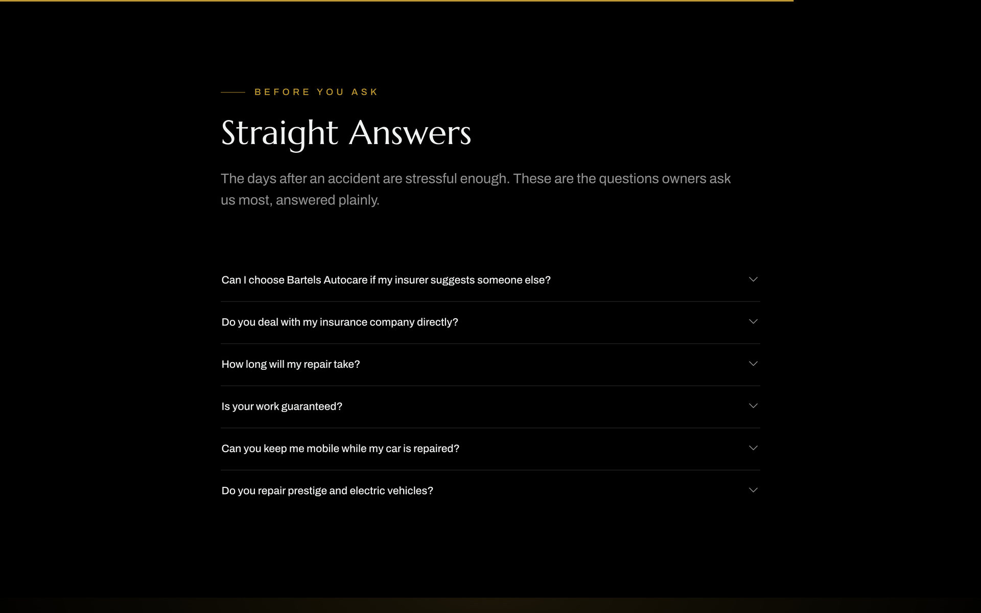 Bartels Autocare: FAQ on the Home page, desktop