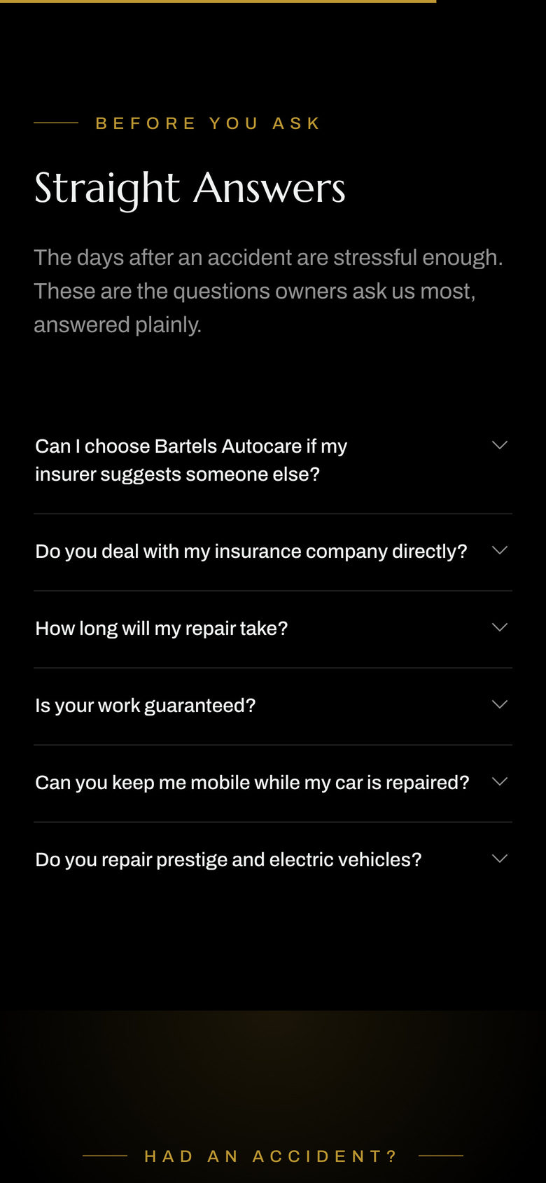 Bartels Autocare: FAQ on the Home page, mobile