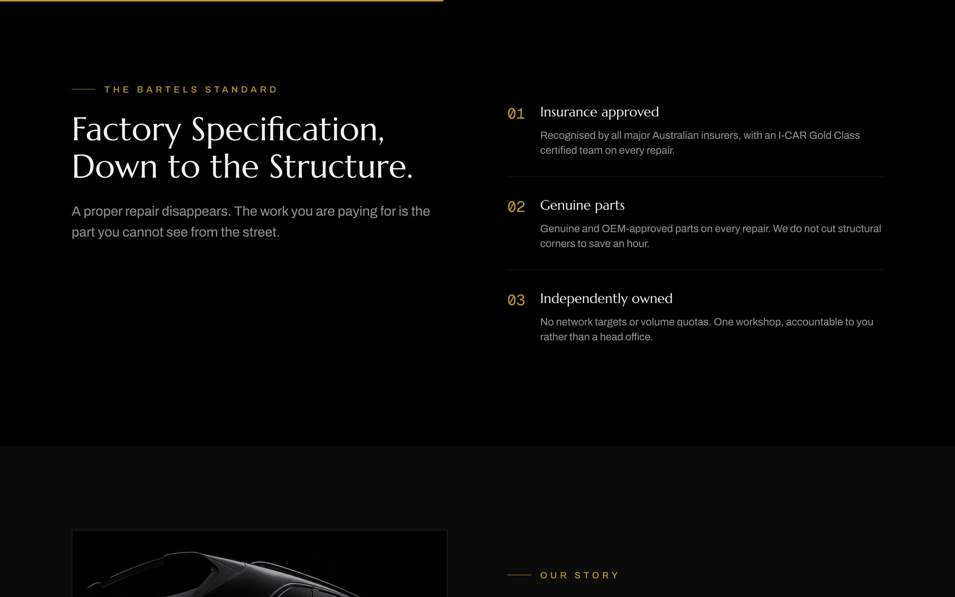 Bartels Autocare: Standards on the Home page, desktop