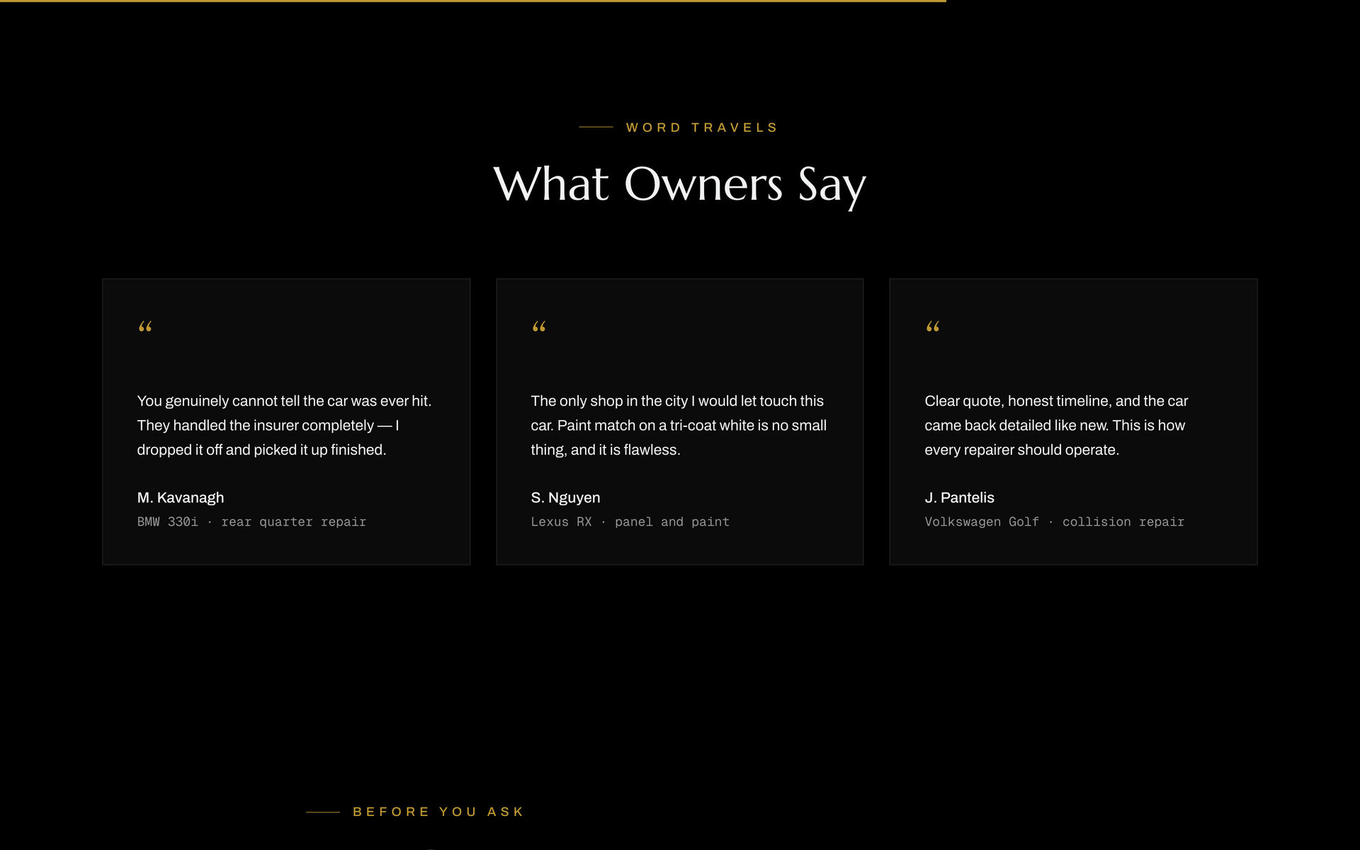 Bartels Autocare: Testimonials on the Home page, desktop