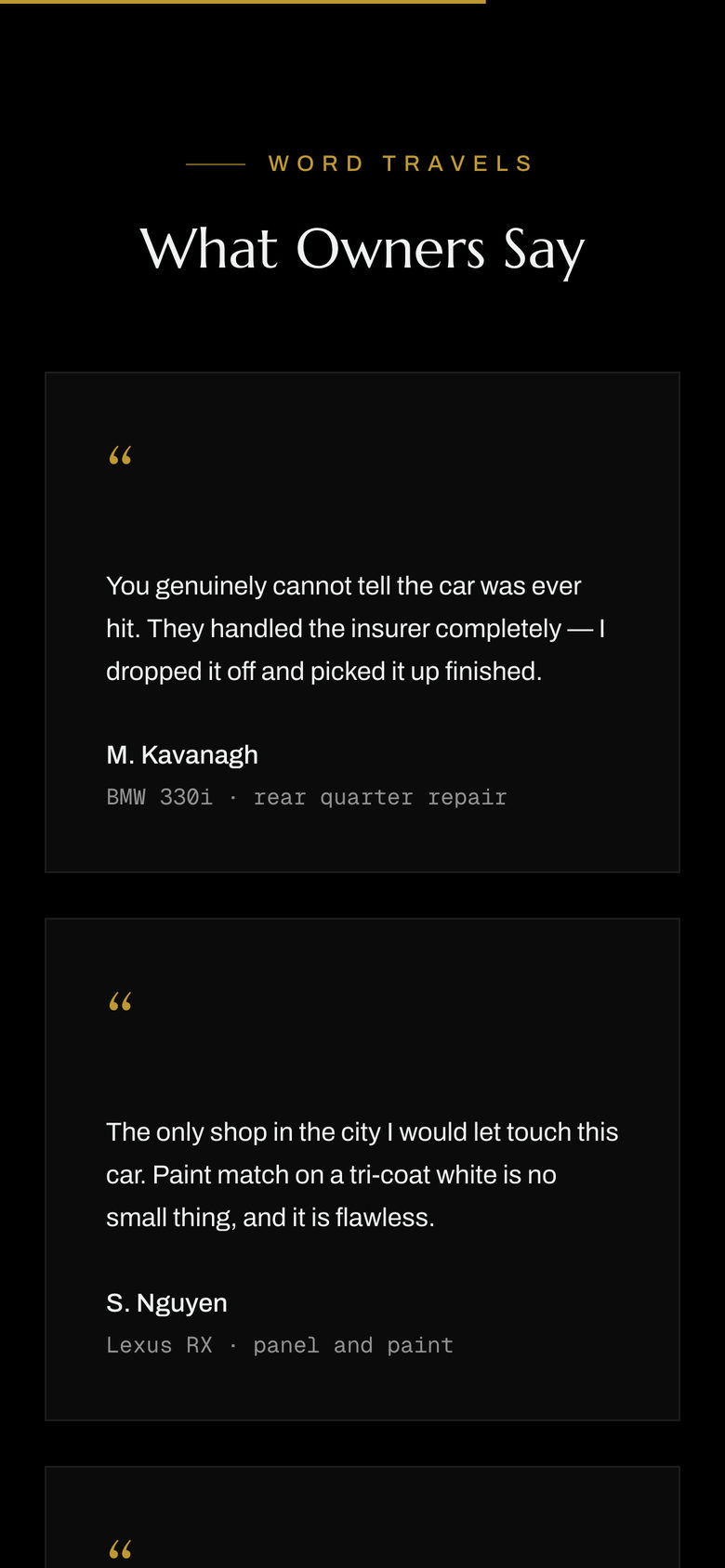 Bartels Autocare: Testimonials on the Home page, mobile