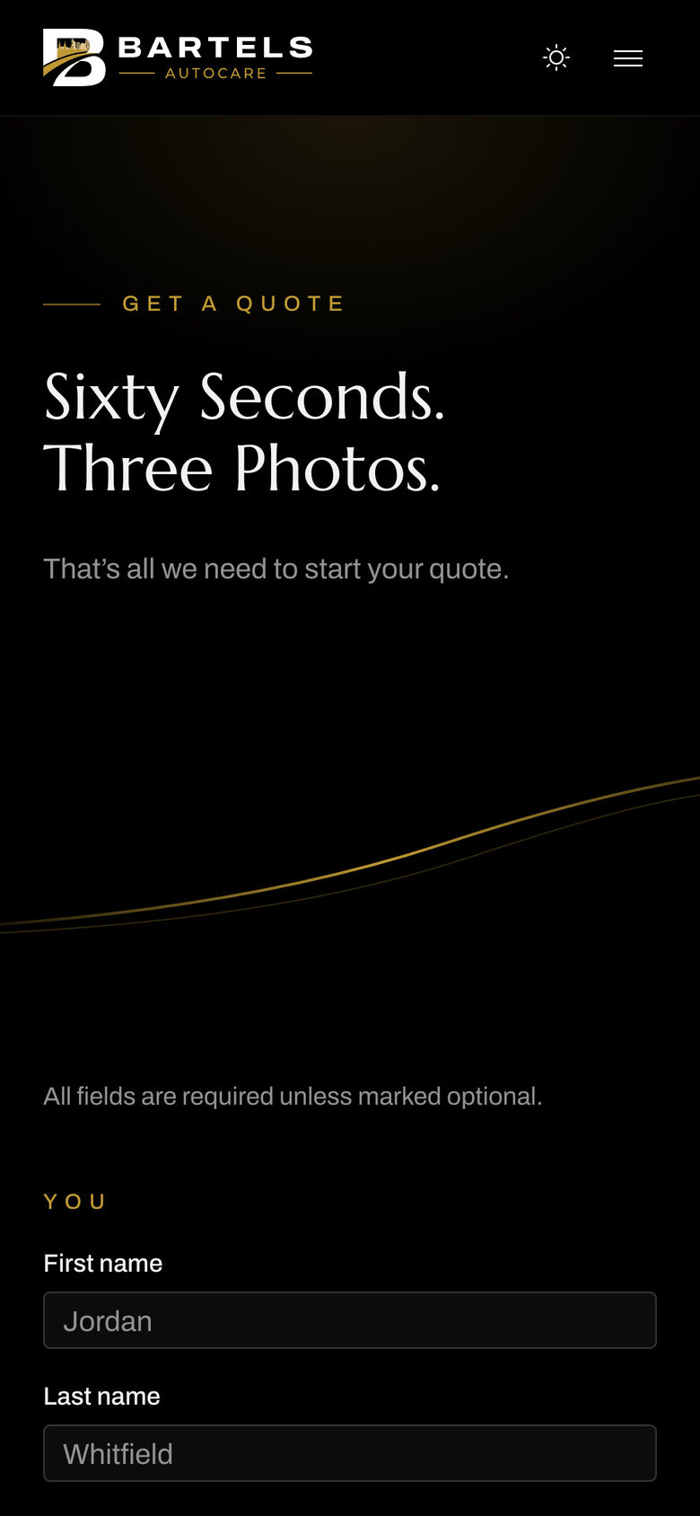 Bartels Autocare: Page Header on the Get a Quote page, mobile