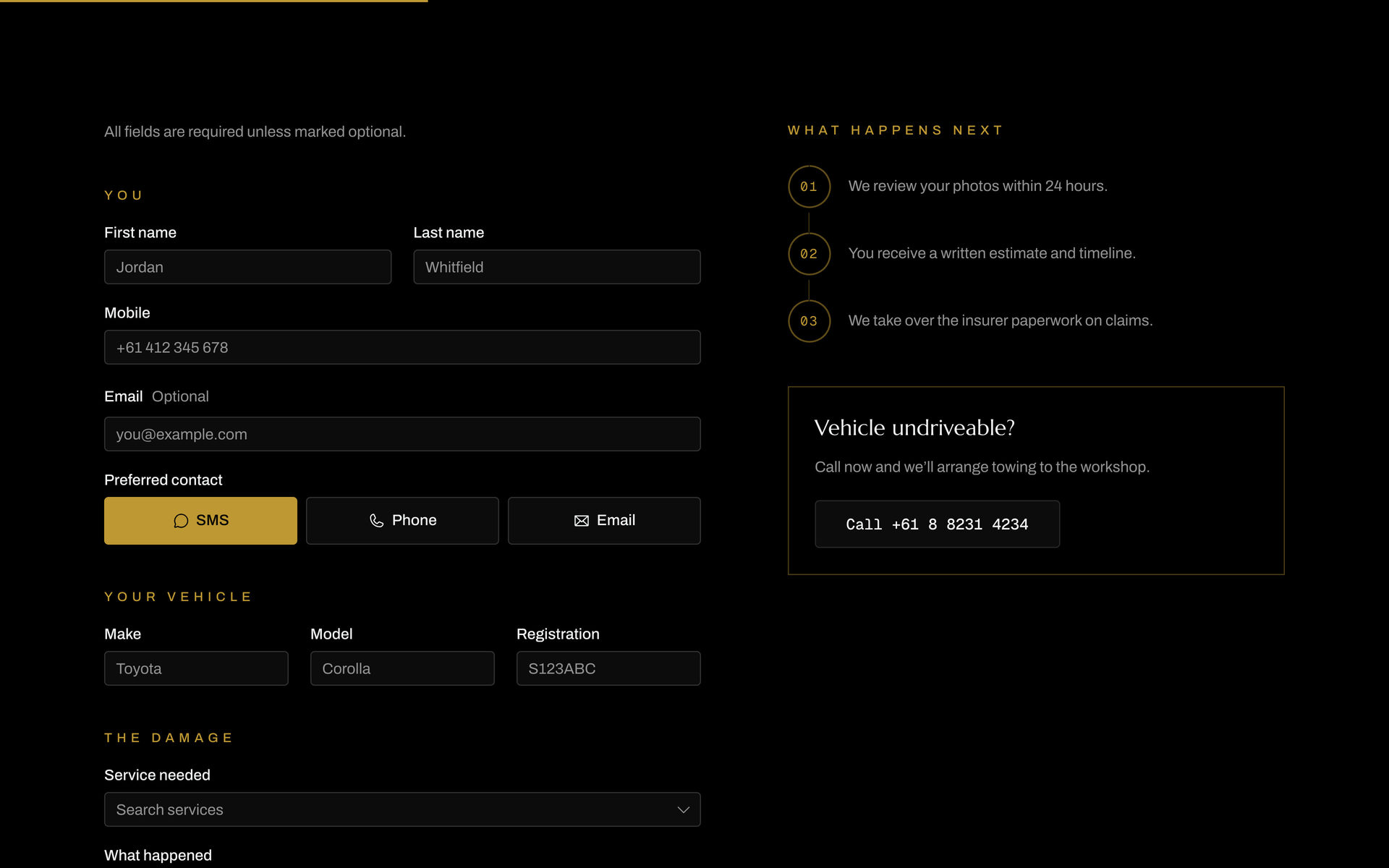 Bartels Autocare: Quote Form on the Get a Quote page, desktop