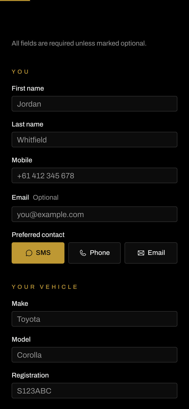 Bartels Autocare: Quote Form on the Get a Quote page, mobile