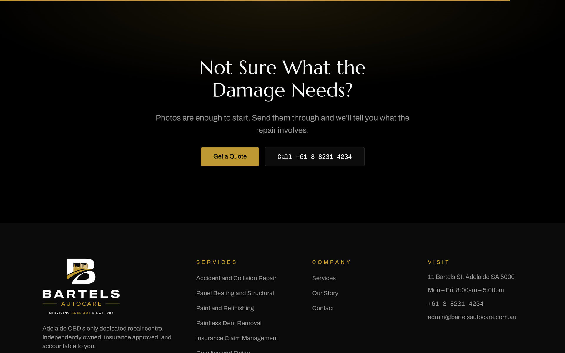Bartels Autocare: closing call on the Services page, desktop