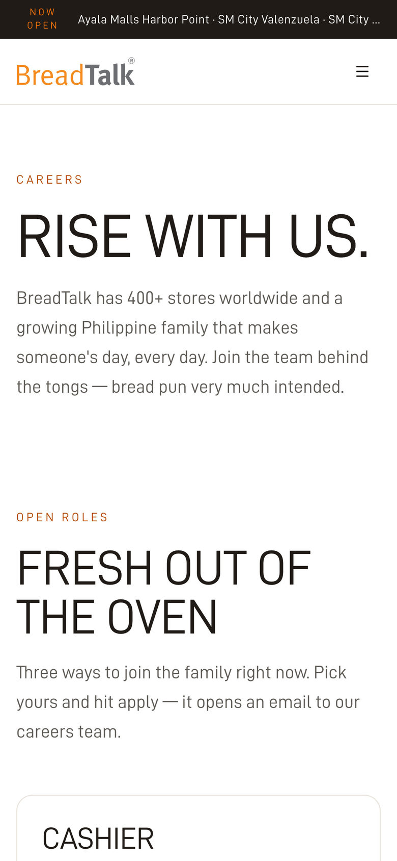 BreadTalk Philippines: hero on the Careers page, mobile
