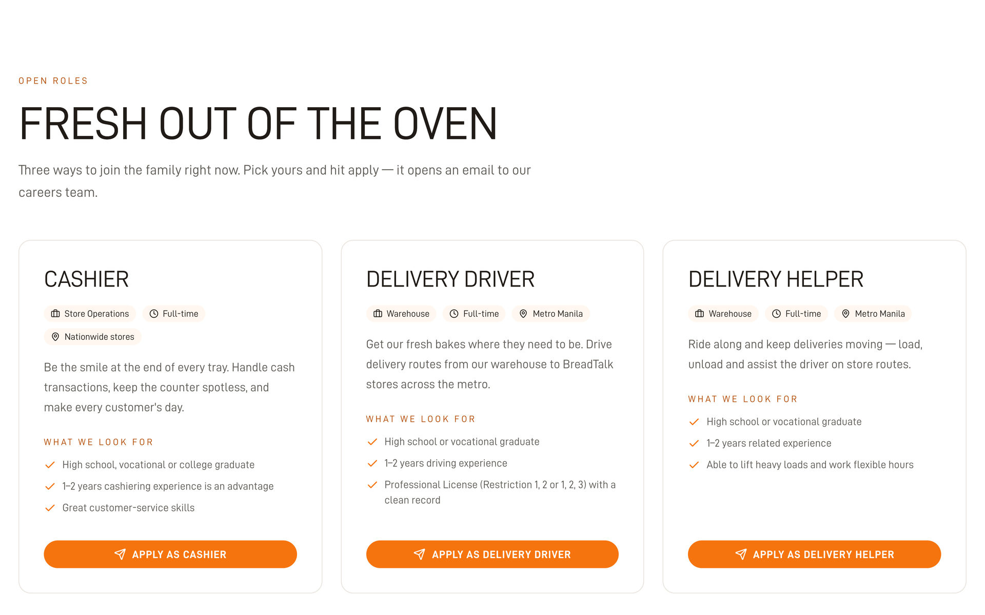 BreadTalk Philippines: Open Roles on the Careers page, desktop