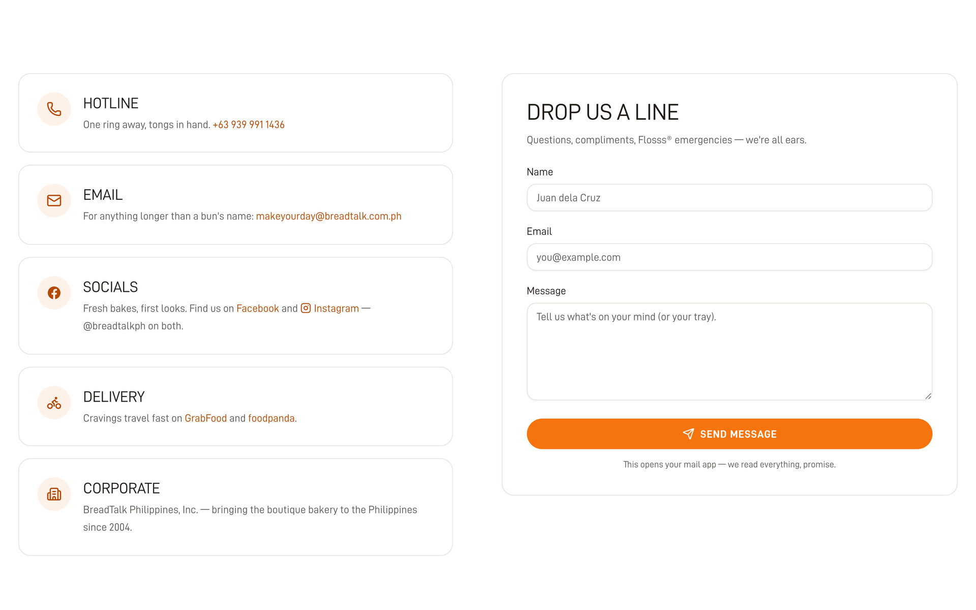 BreadTalk Philippines: Channels and Form on the Contact page, desktop