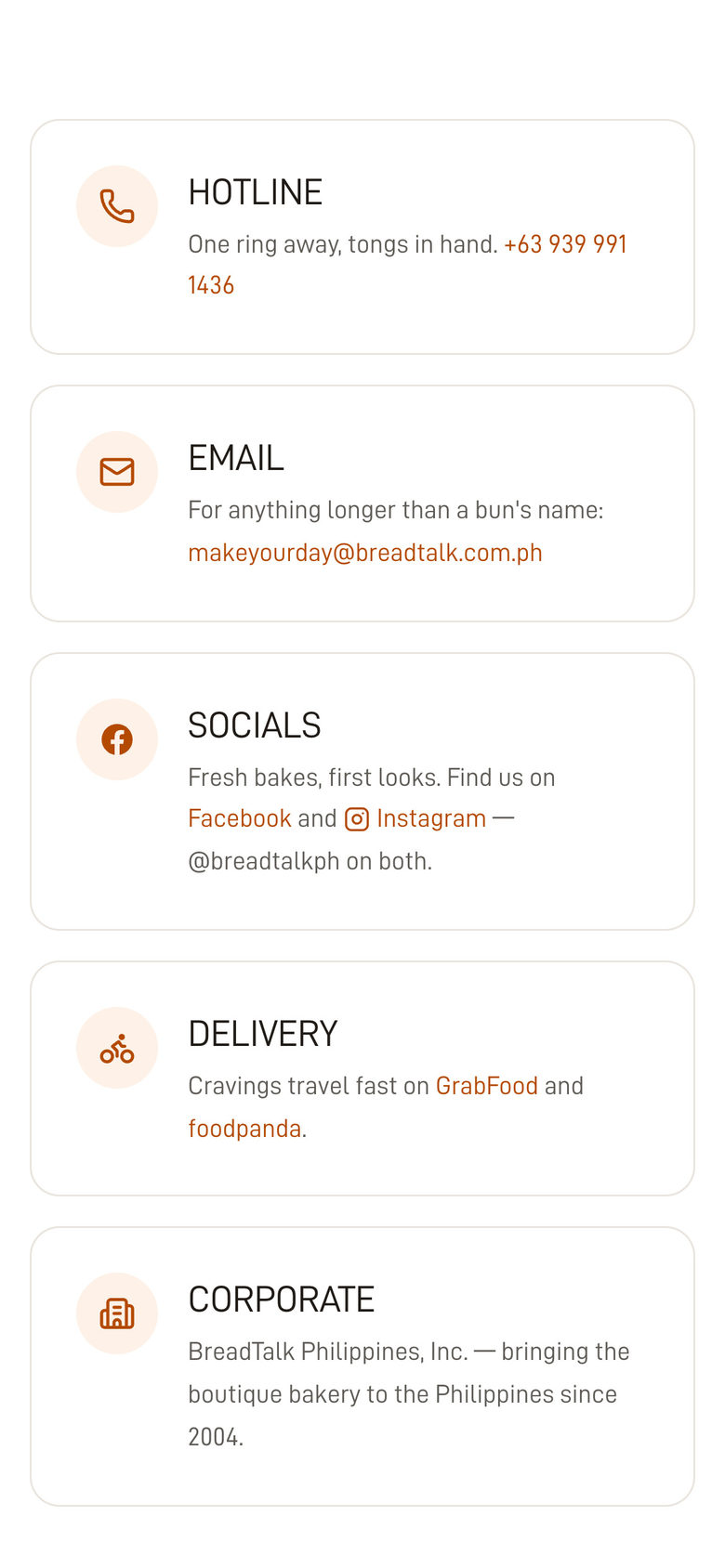 BreadTalk Philippines: Channels and Form on the Contact page, mobile