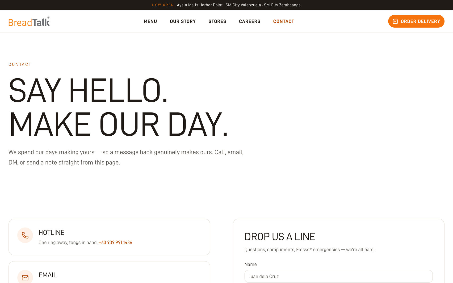 BreadTalk Philippines: hero on the Contact page, desktop