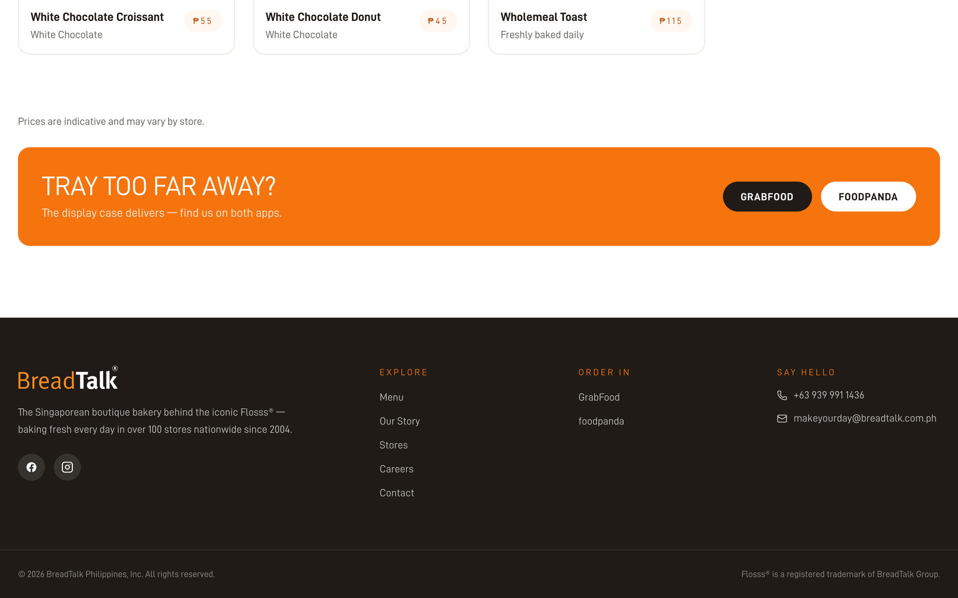 BreadTalk Philippines: Delivery Call on the Menu page, desktop