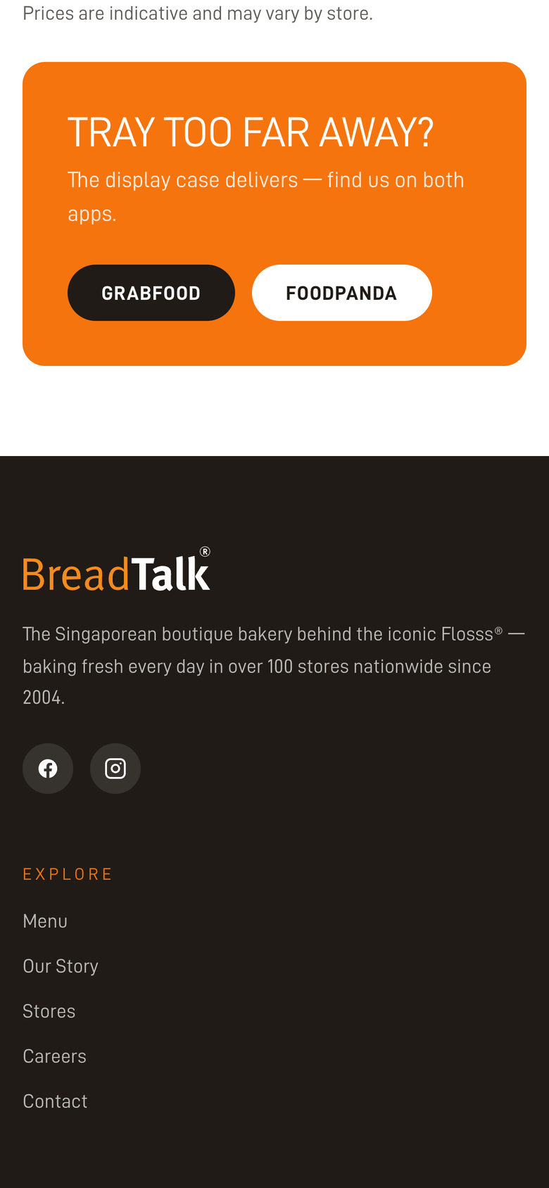 BreadTalk Philippines: Delivery Call on the Menu page, mobile