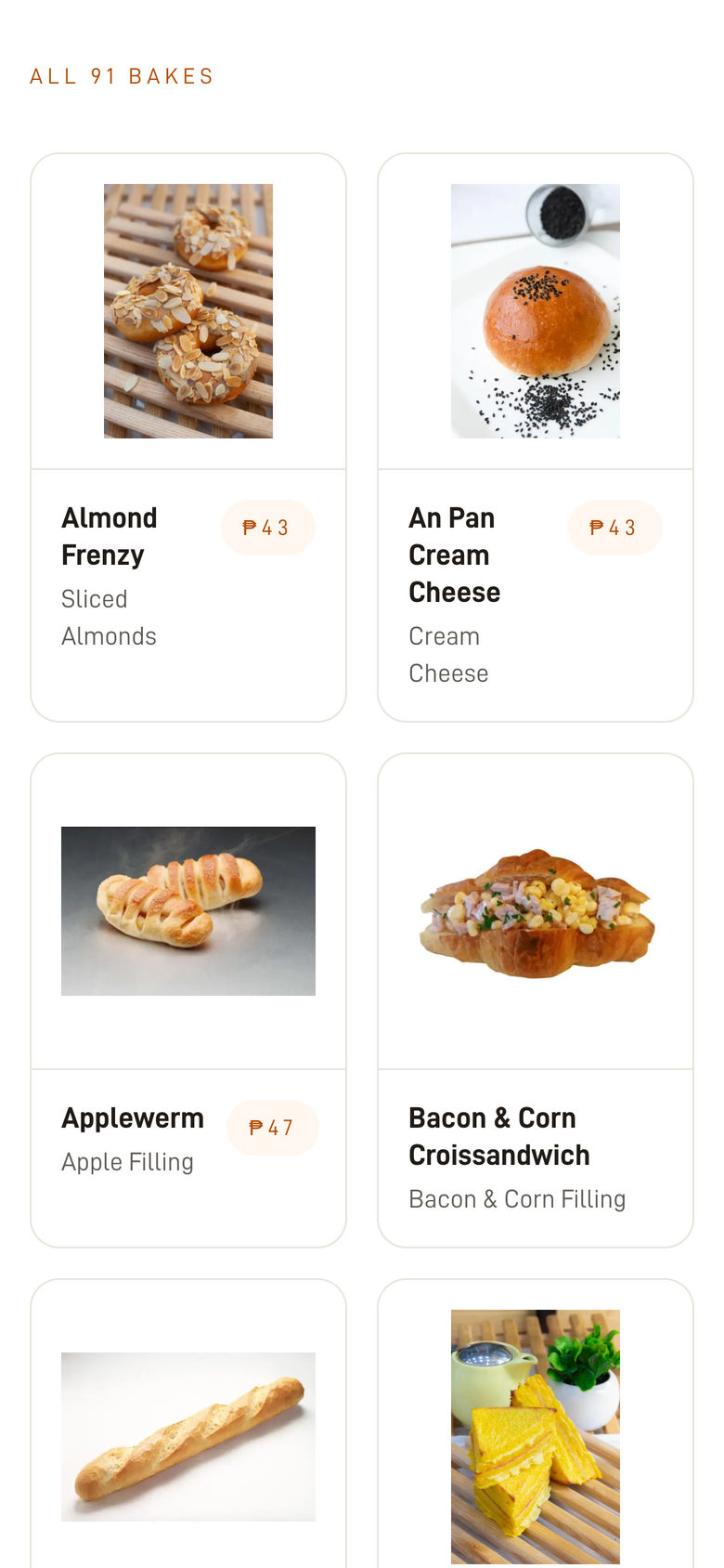 BreadTalk Philippines: Menu Grid on the Menu page, mobile