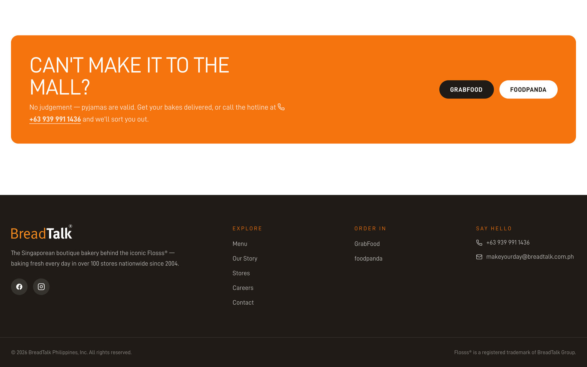 BreadTalk Philippines: Delivery Call on the Stores page, desktop