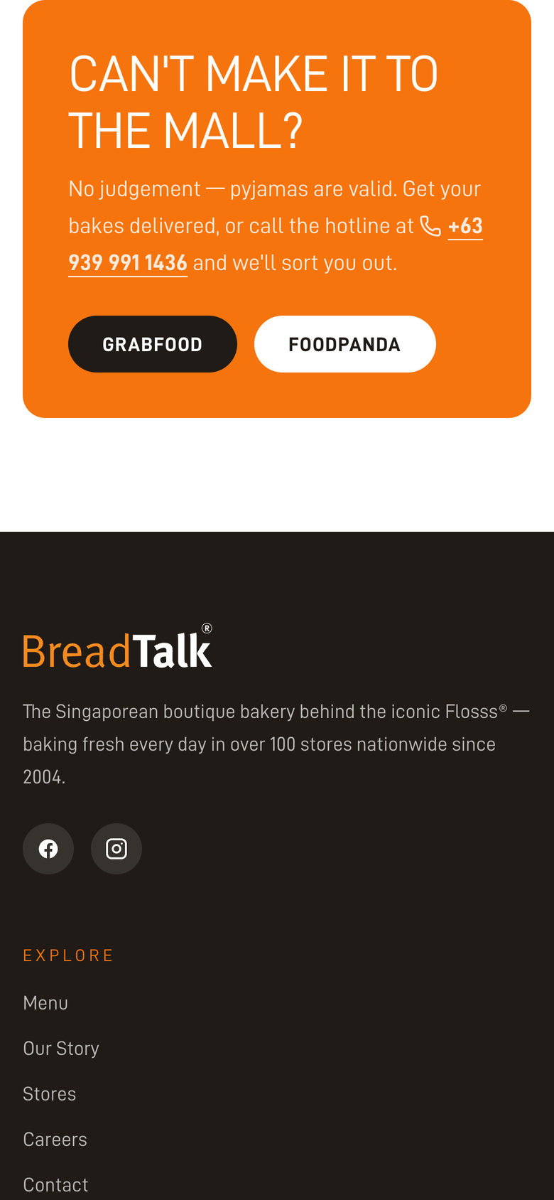 BreadTalk Philippines: Delivery Call on the Stores page, mobile