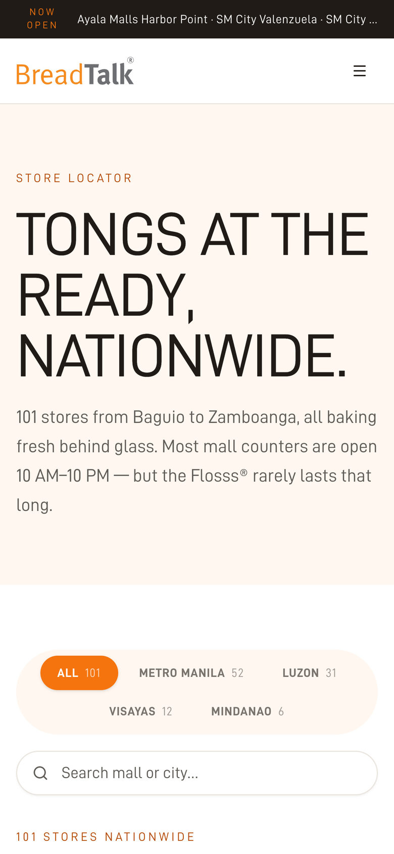 BreadTalk Philippines: Hero on the Stores page, mobile