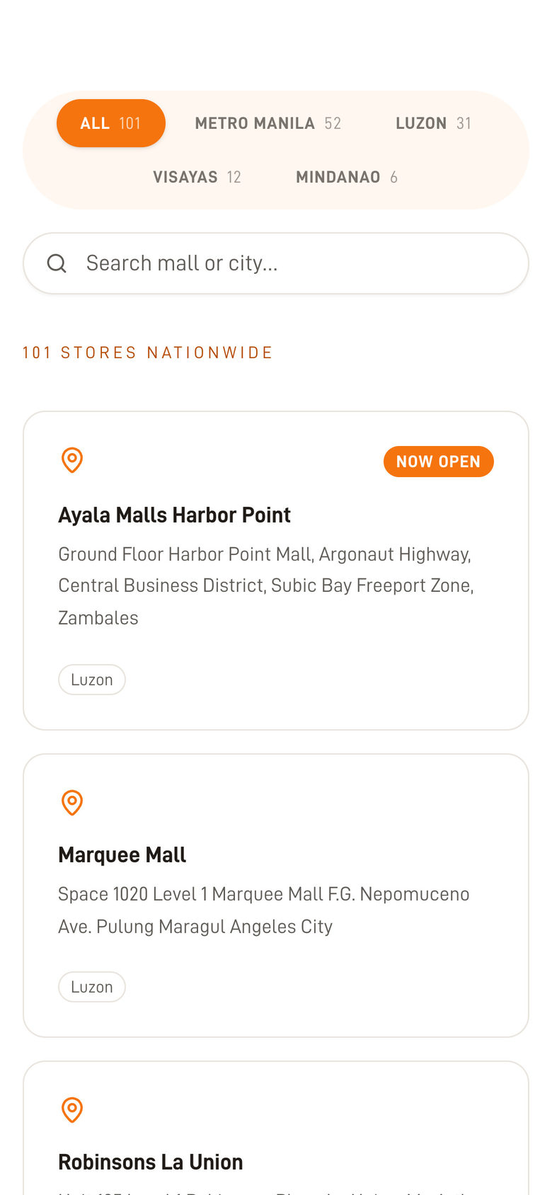 BreadTalk Philippines: Store Locator on the Stores page, mobile