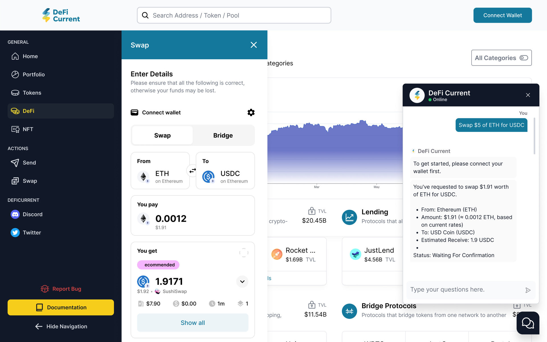 DeFiCurrent: Swap on the Swap page, desktop