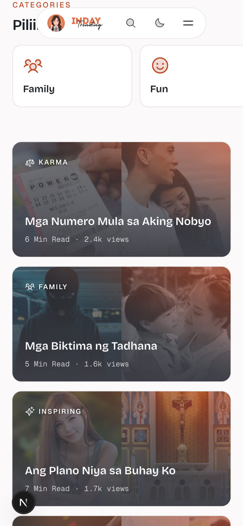 Inday Trending: Categories on the Home page, mobile
