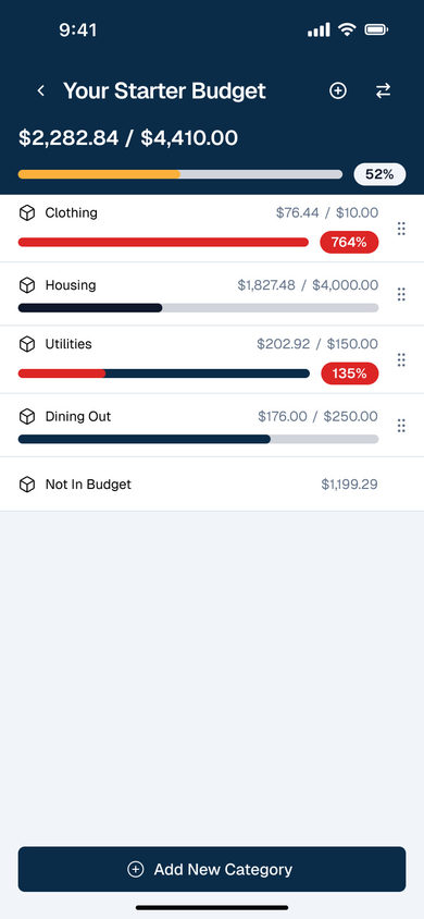 Lakefront Finance: Starter Budget on the Budget page, mobile
