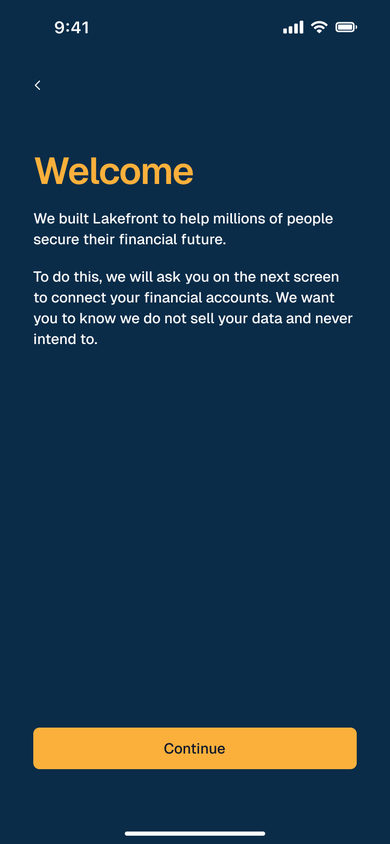 Lakefront Finance: Welcome on the Launch page, mobile