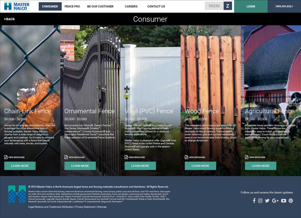 Master Halco: Fences on the Consumer page, desktop
