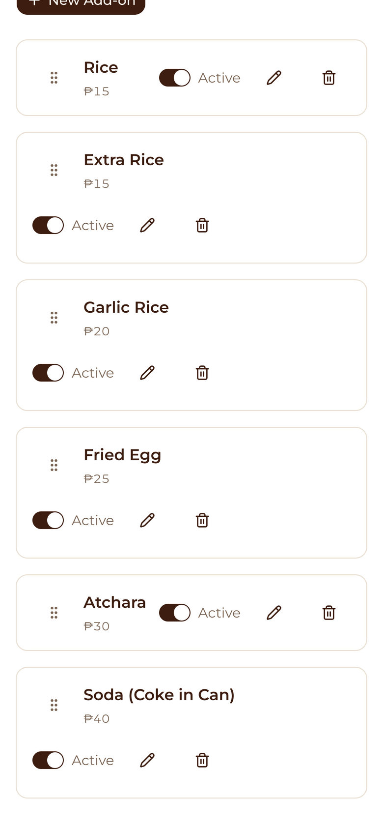 Mesafina Kitchen: Add-On List on the Setup page, mobile