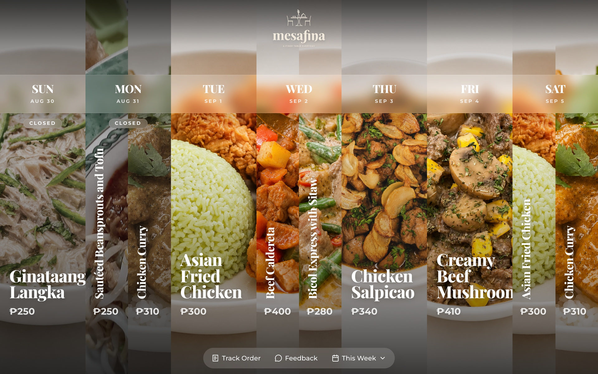 Mesafina Kitchen: Serve Week on the Board page, desktop