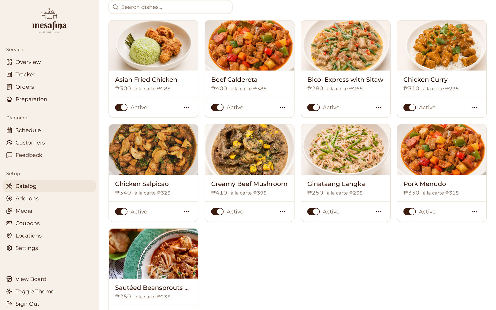 Mesafina Kitchen: Dish Grid on the Setup page, desktop