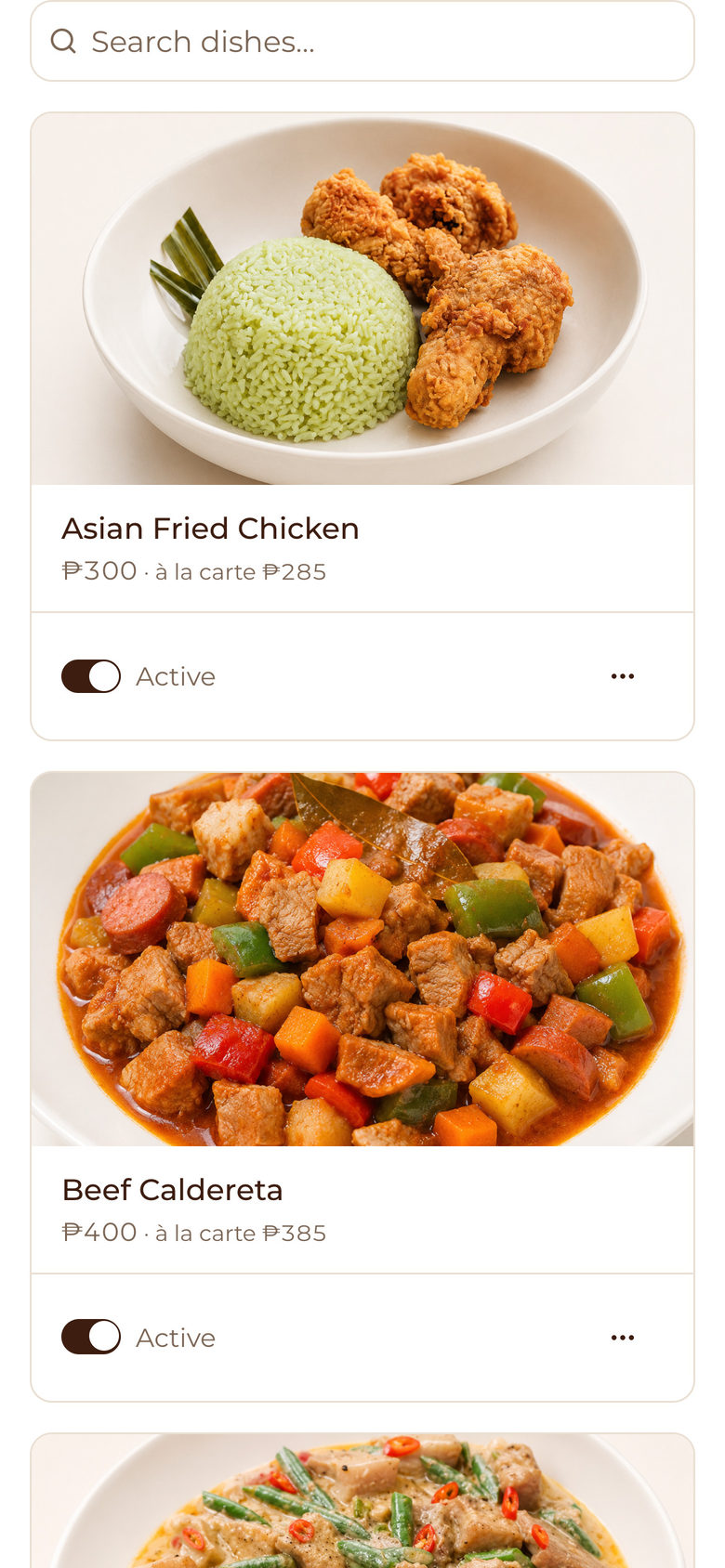 Mesafina Kitchen: Dish Grid on the Setup page, mobile
