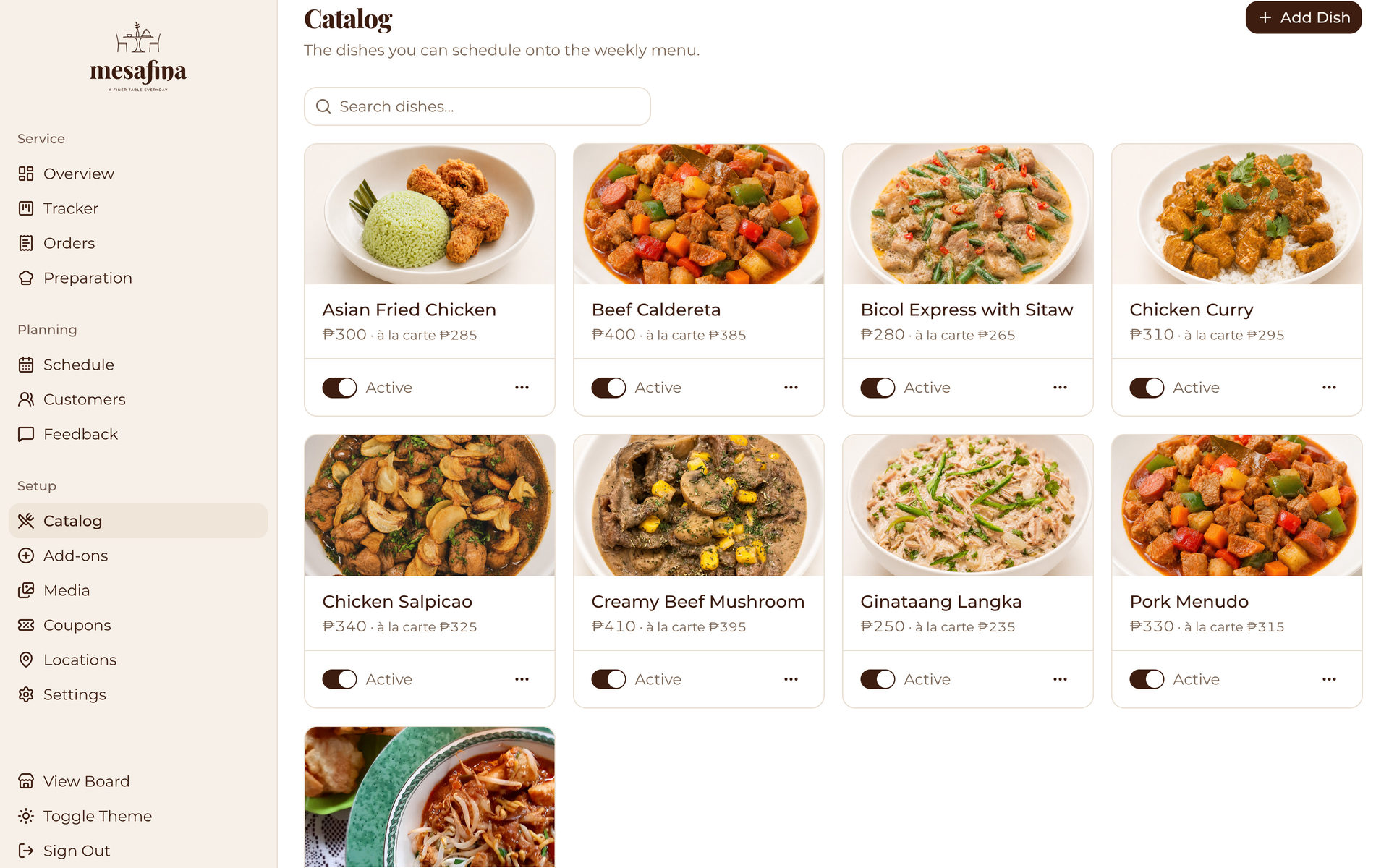 Mesafina Kitchen: page head on the Setup page, desktop