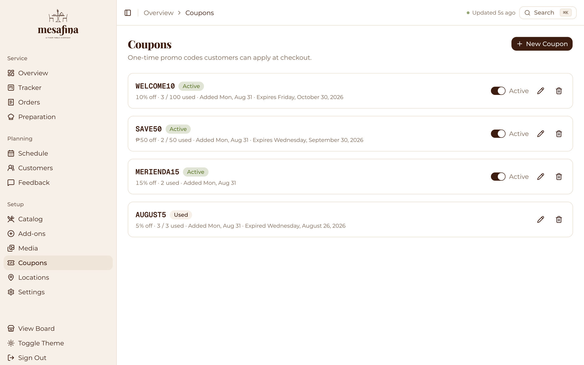 Mesafina Kitchen: Coupon List on the Setup page, desktop