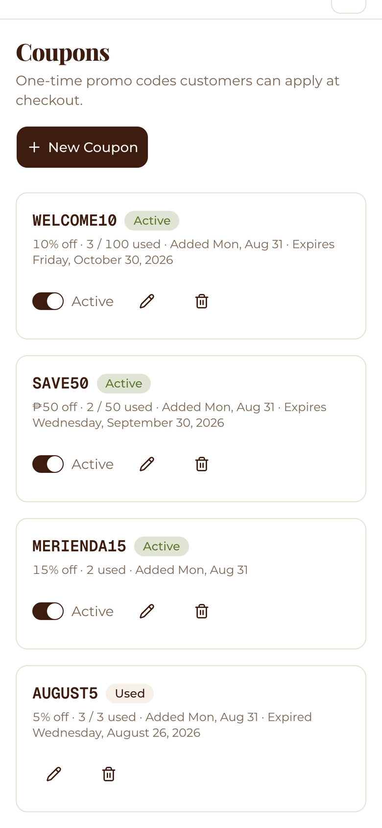 Mesafina Kitchen: Coupon List on the Setup page, mobile