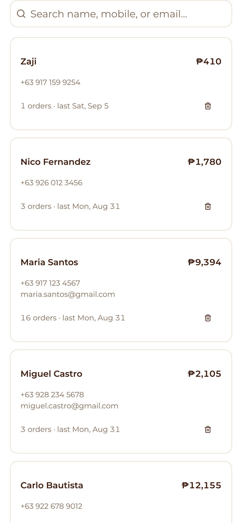 Mesafina Kitchen: Customers Table on the Planning page, mobile