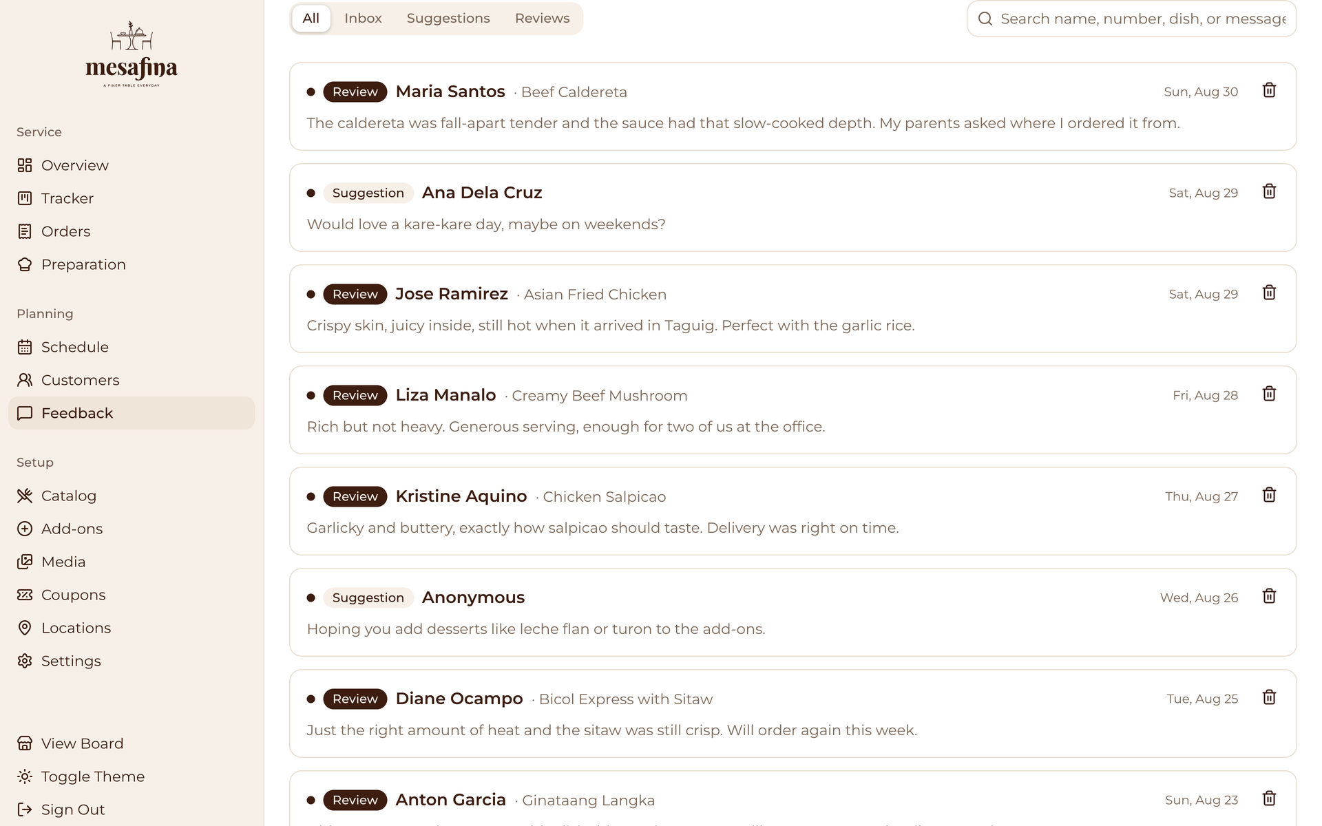 Mesafina Kitchen: Feedback List on the Planning page, desktop