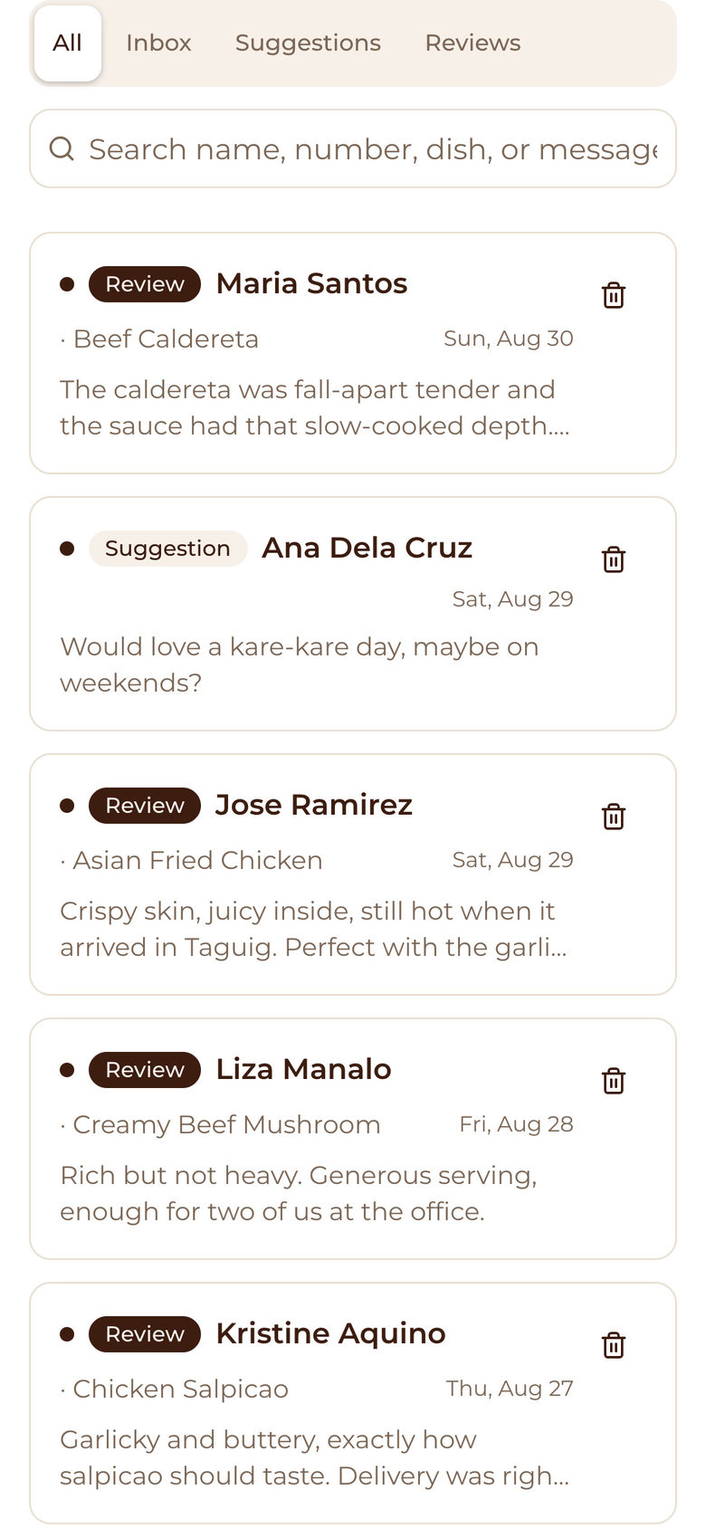 Mesafina Kitchen: Feedback List on the Planning page, mobile
