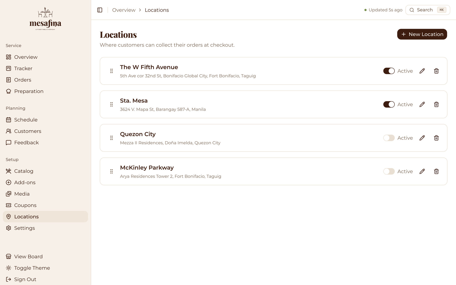 Mesafina Kitchen: Location List on the Setup page, desktop