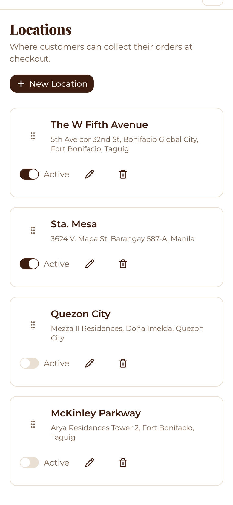 Mesafina Kitchen: Location List on the Setup page, mobile