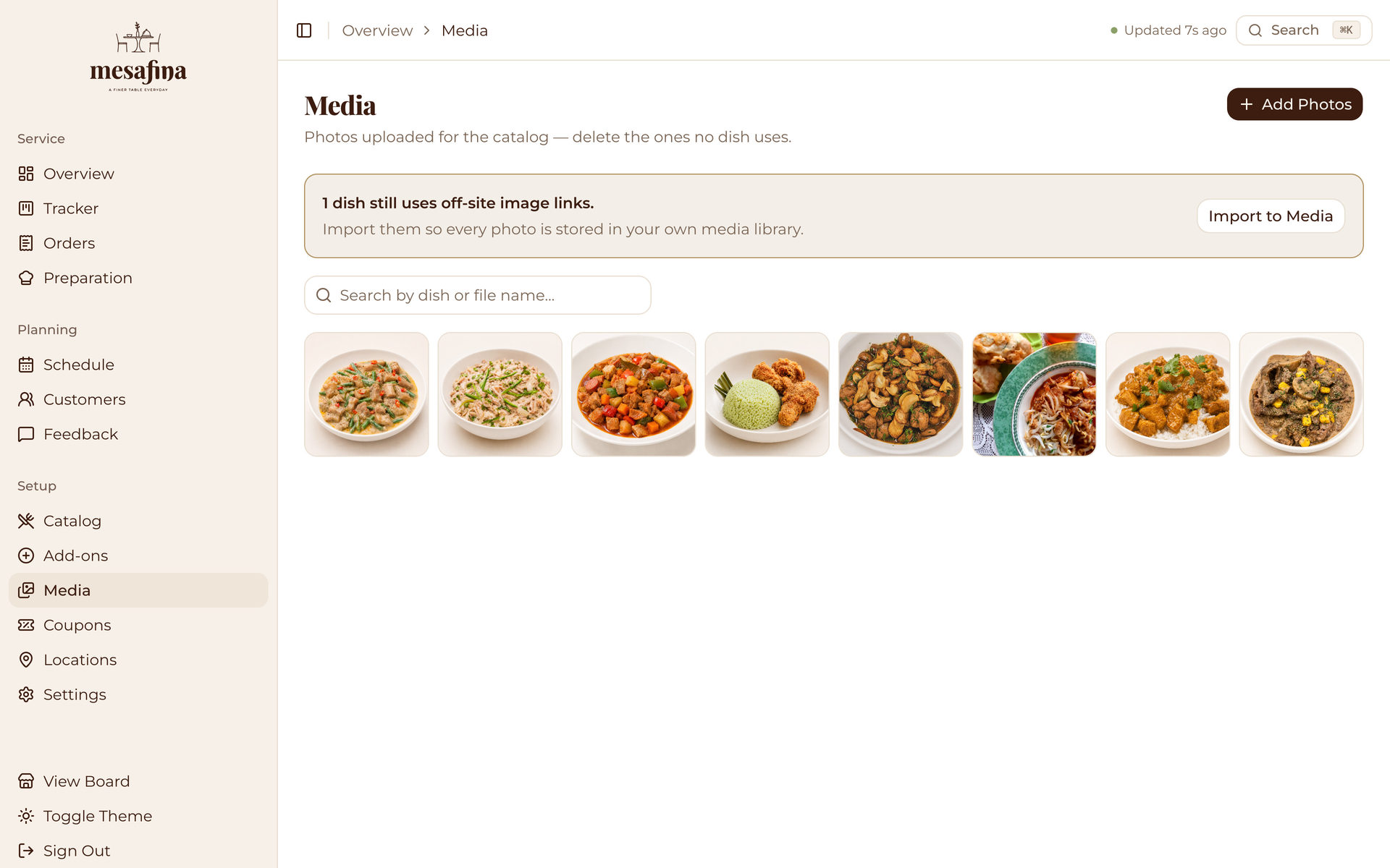 Mesafina Kitchen: Media Library on the Setup page, desktop