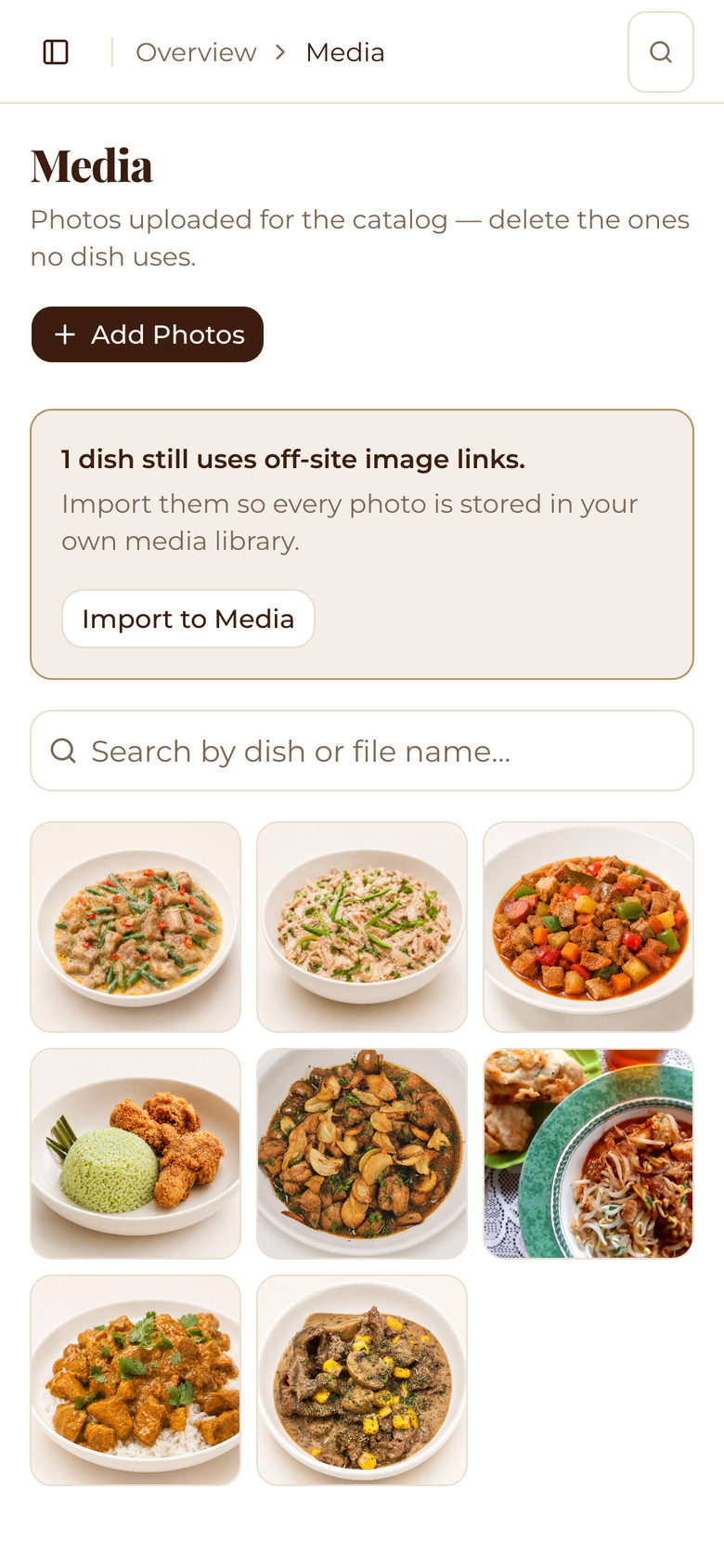 Mesafina Kitchen: Media Library on the Setup page, mobile