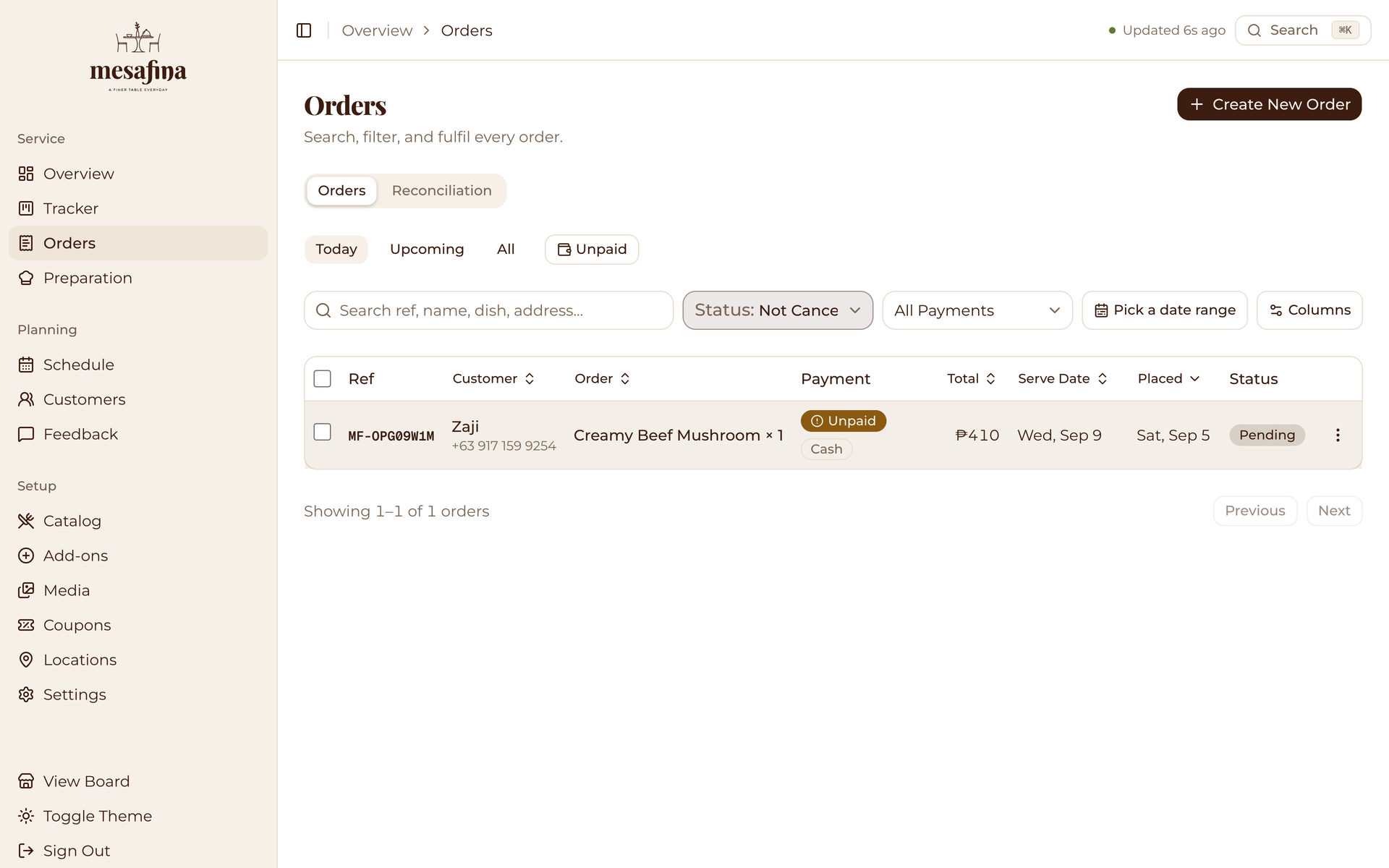 Mesafina Kitchen: Orders Table on the Service page, desktop