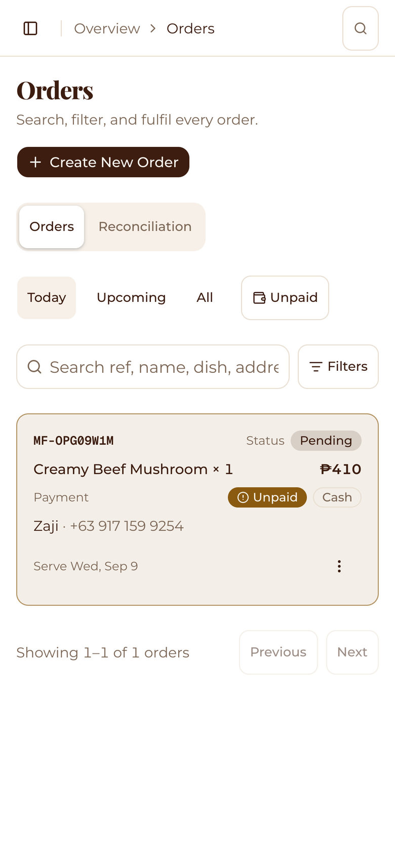 Mesafina Kitchen: Orders Table on the Service page, mobile