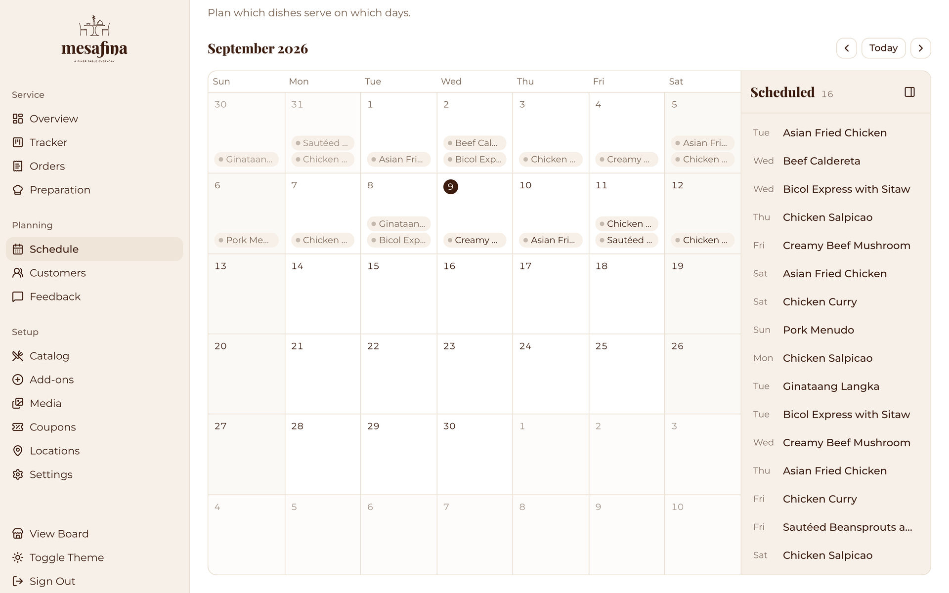 Mesafina Kitchen: Month Calendar on the Planning page, desktop