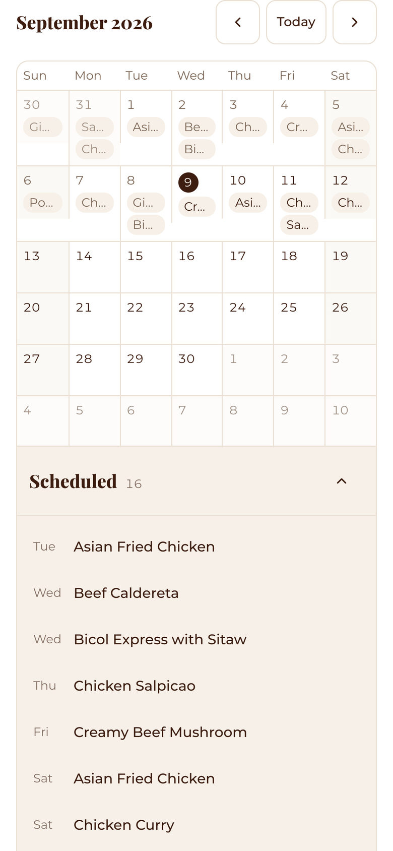 Mesafina Kitchen: Month Calendar on the Planning page, mobile